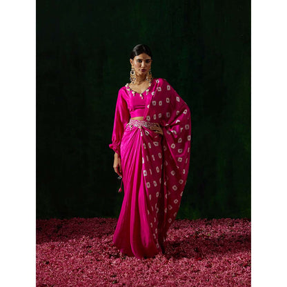 PINK CITY BY SARIKA Shibori Pre-Draped Saree with Stitched Blouse and Belt