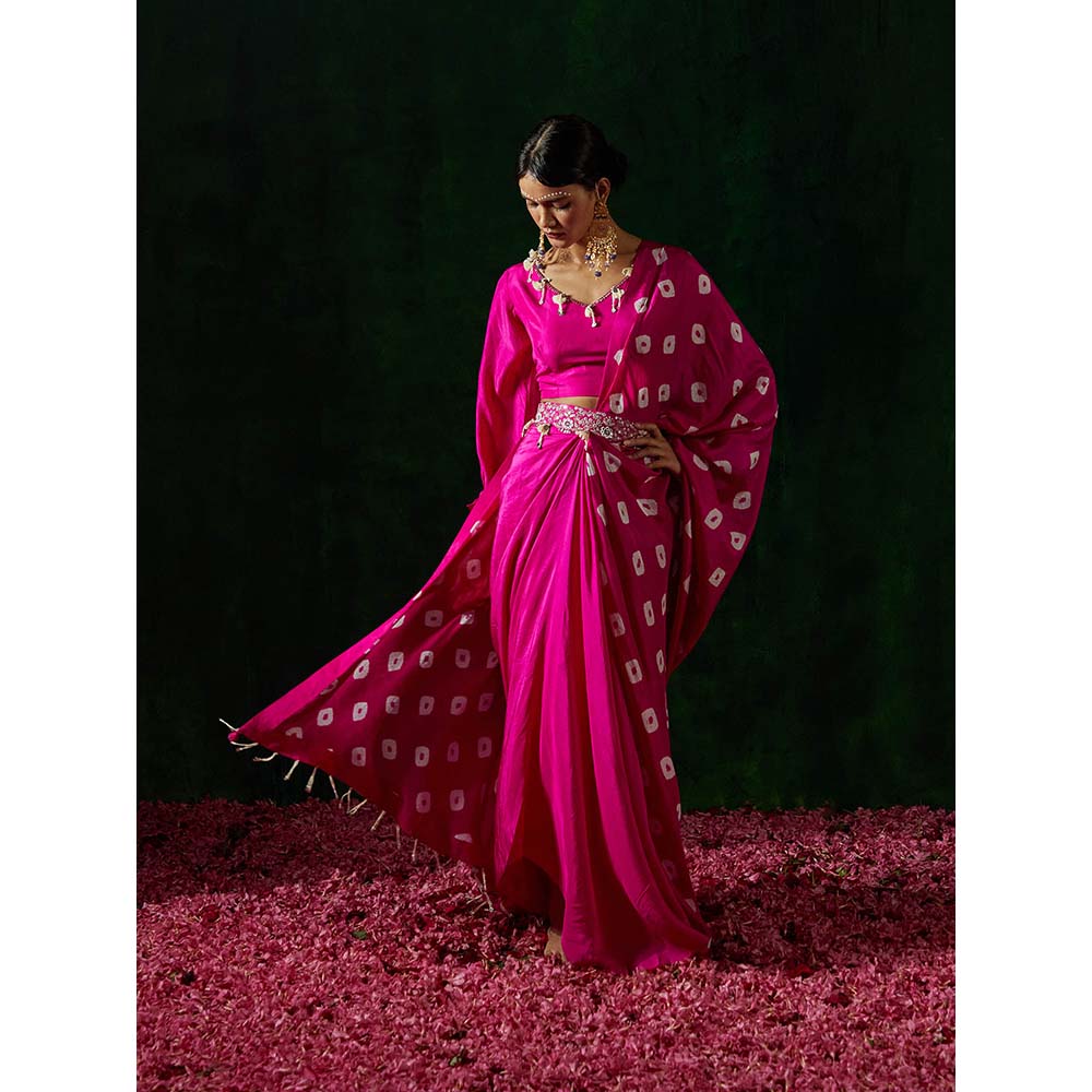 PINK CITY BY SARIKA Shibori Pre-Draped Saree with Stitched Blouse and Belt