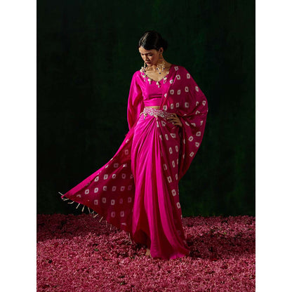 PINK CITY BY SARIKA Shibori Pre-Draped Saree with Stitched Blouse and Belt
