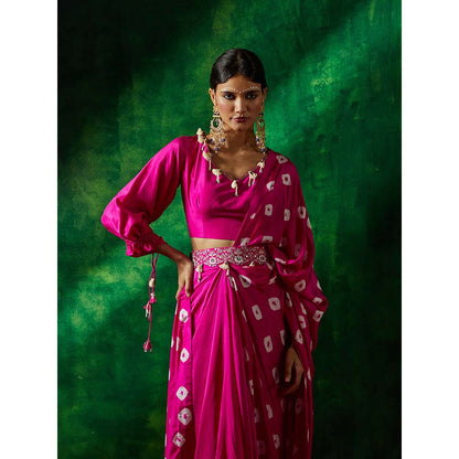 PINK CITY BY SARIKA Shibori Pre-Draped Saree with Stitched Blouse and Belt