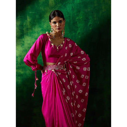 PINK CITY BY SARIKA Shibori Pre-Draped Saree with Stitched Blouse and Belt