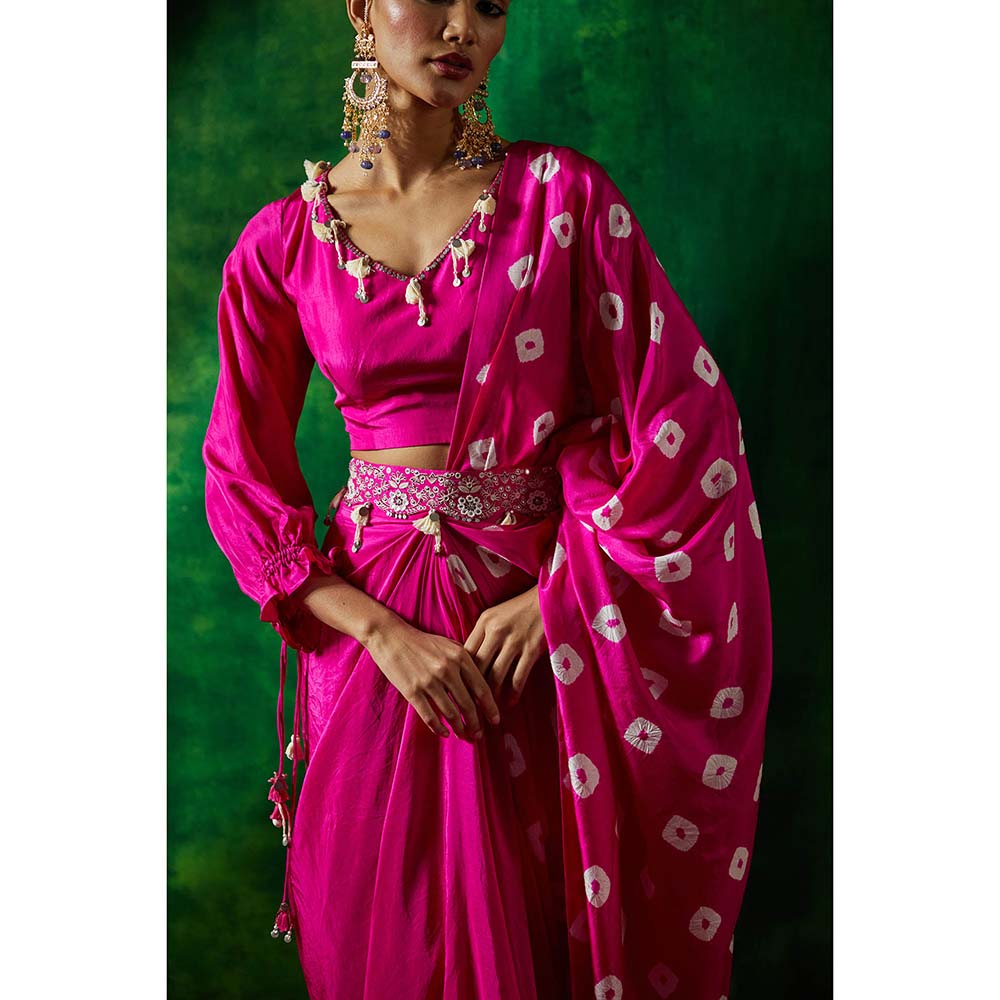 PINK CITY BY SARIKA Shibori Pre-Draped Saree with Stitched Blouse and Belt