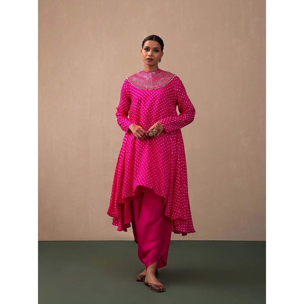 PINK CITY BY SARIKA Bandhni Kurta with Dhoti Mirror and Pearl Collar (Set of 2)