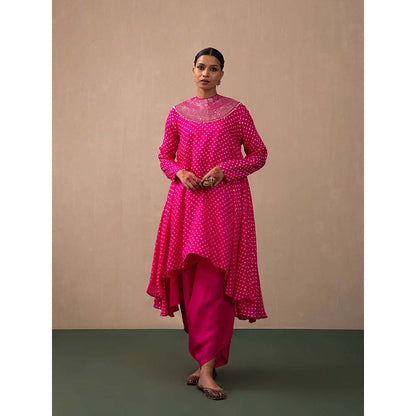 PINK CITY BY SARIKA Bandhni Kurta with Dhoti Mirror and Pearl Collar (Set of 2)
