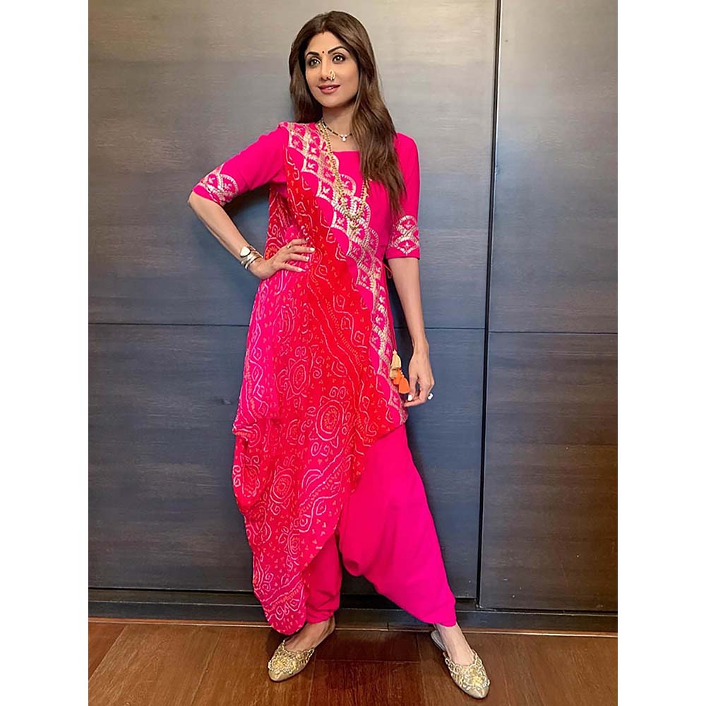 PINK CITY BY SARIKA Short Top With Dhoti And Drape Dupatta (Set of 3)