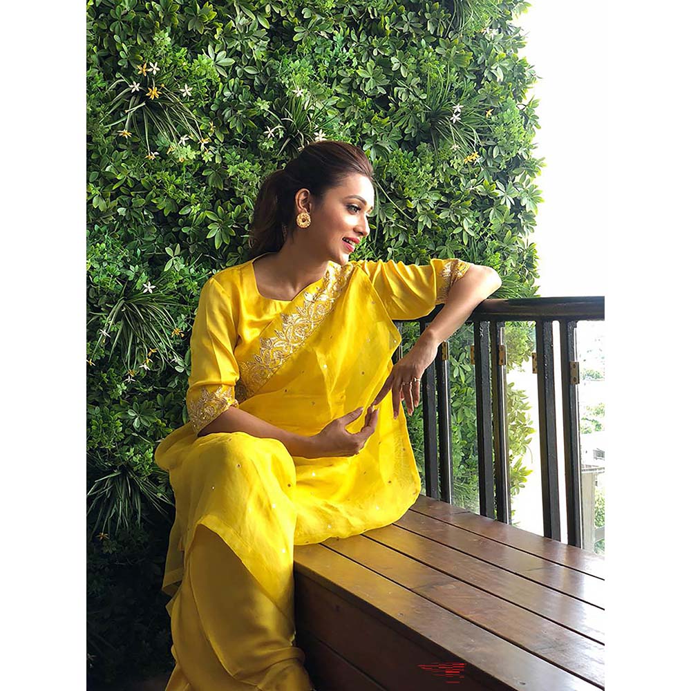 PINK CITY BY SARIKA Yellow Short Top With Dhoti And Drape Dupatta (Set of 3)