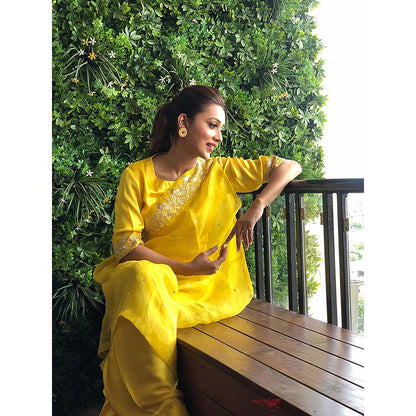 PINK CITY BY SARIKA Yellow Short Top With Dhoti And Drape Dupatta (Set of 3)