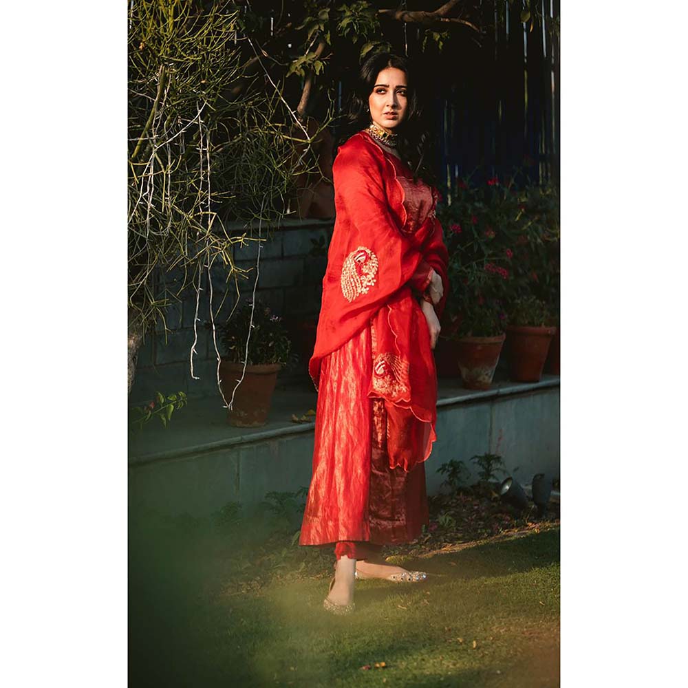 PINK CITY BY SARIKA Red Anarkali With Pant And Dupatta (Set of 3)