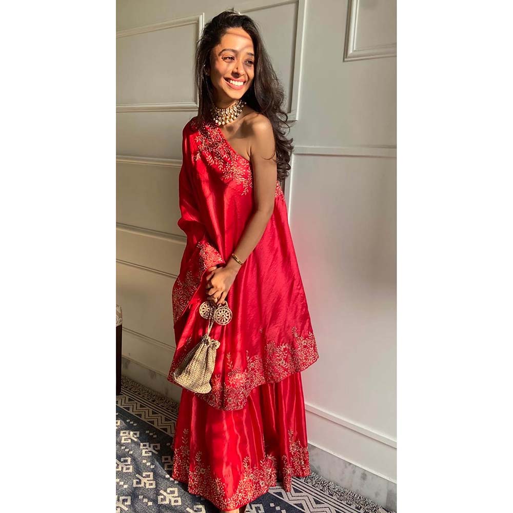 PINK CITY BY SARIKA Red One Shoulder Cape And Sharara (Set of 2)