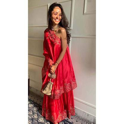 PINK CITY BY SARIKA Red One Shoulder Cape And Sharara (Set of 2)