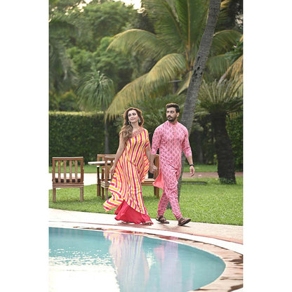 PINK CITY BY SARIKA Yellow Leheriya One-Shoulder Cape With Sharara (Set of 2)