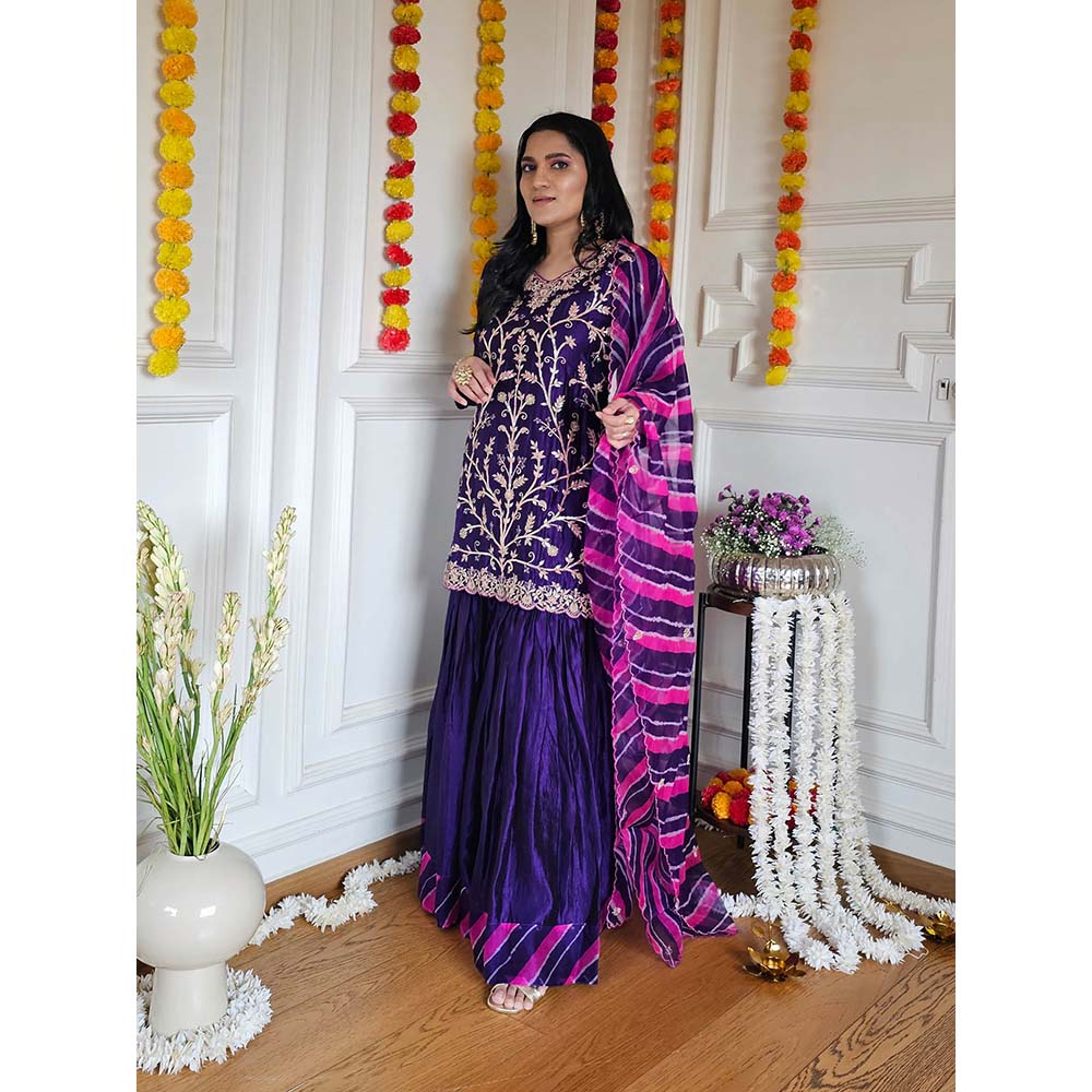 PINK CITY BY SARIKA Purple Short Kurta With Sharara And Dupatta (Set of 3)