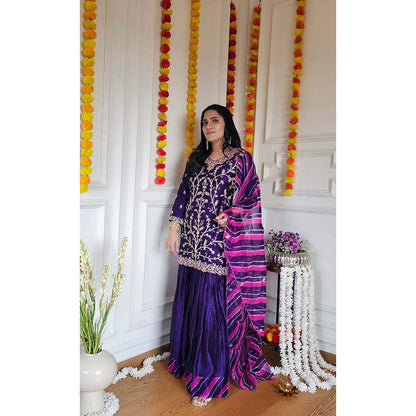 PINK CITY BY SARIKA Purple Short Kurta With Sharara And Dupatta (Set of 3)