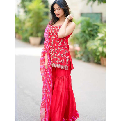 PINK CITY BY SARIKA Embroidered Short Kurta With Sharara And Dupatta (Set of 3)