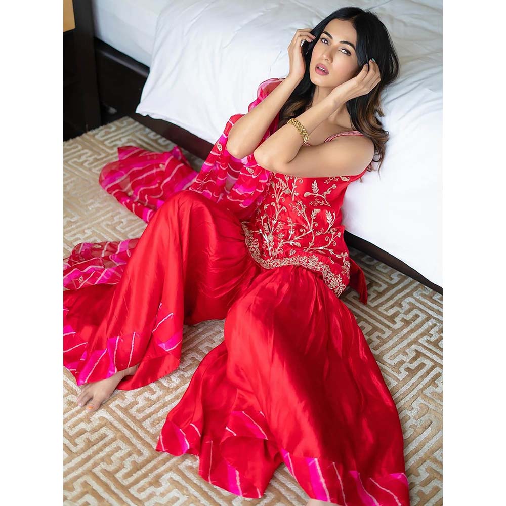 PINK CITY BY SARIKA Embroidered Short Kurta With Sharara And Dupatta (Set of 3)