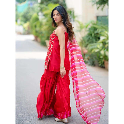 PINK CITY BY SARIKA Embroidered Short Kurta With Sharara And Dupatta (Set of 3)