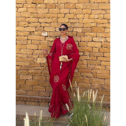 PINK CITY BY SARIKA Red Saree With Stitched Blouse