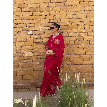 PINK CITY BY SARIKA Red Saree With Stitched Blouse