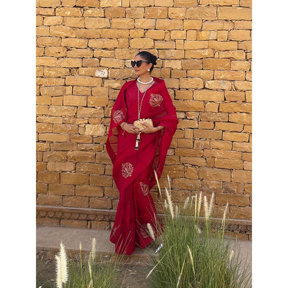 PINK CITY BY SARIKA Red Saree With Stitched Blouse
