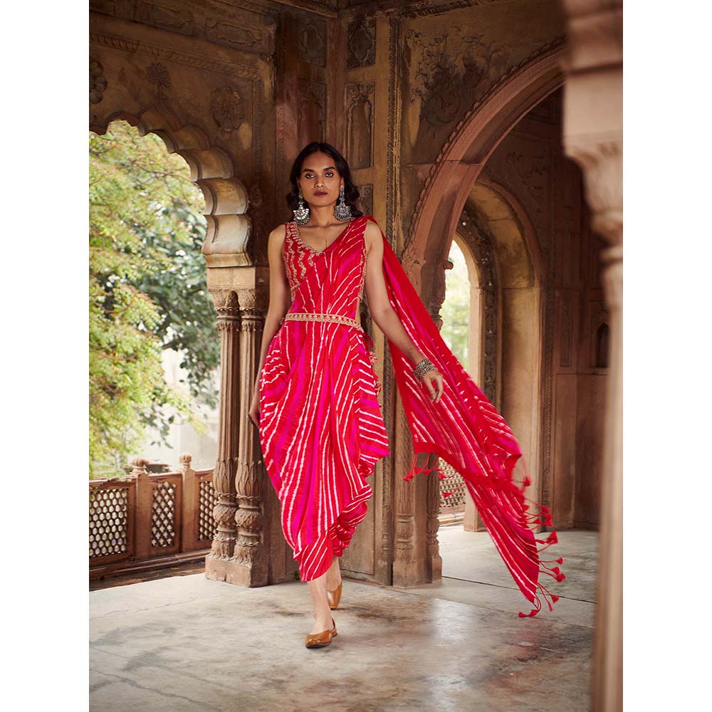 PINK CITY BY SARIKA Red Leheriya Drape Saree With Stitched Blouse And Belt