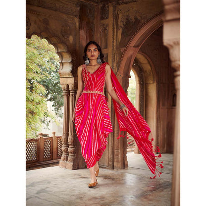 PINK CITY BY SARIKA Red Leheriya Drape Saree With Stitched Blouse And Belt