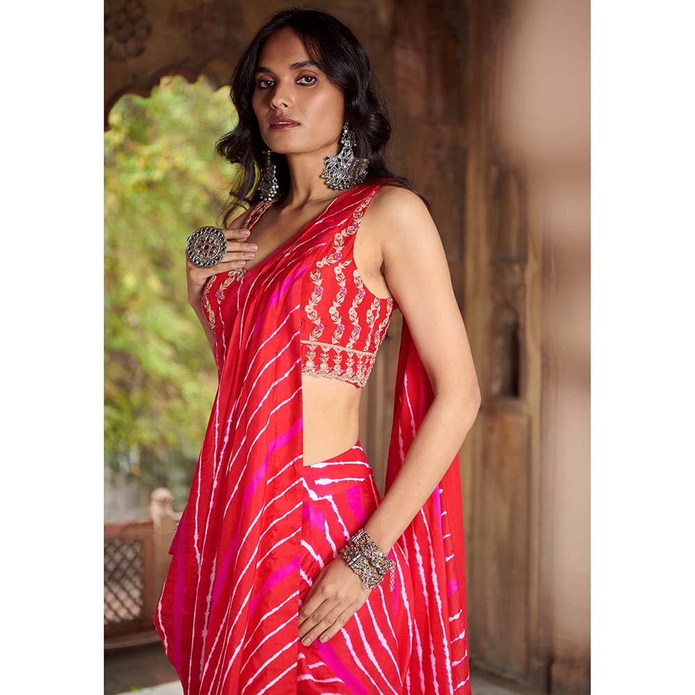 PINK CITY BY SARIKA Red Leheriya Drape Saree With Stitched Blouse And Belt