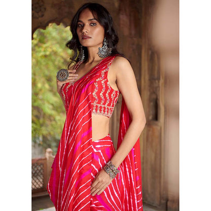 PINK CITY BY SARIKA Red Leheriya Drape Saree With Stitched Blouse And Belt