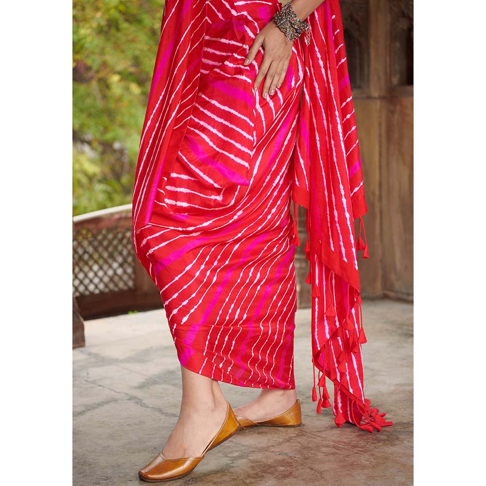 PINK CITY BY SARIKA Red Leheriya Drape Saree With Stitched Blouse And Belt