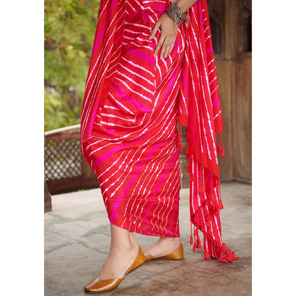 PINK CITY BY SARIKA Red Leheriya Drape Saree With Stitched Blouse And Belt