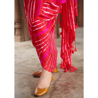PINK CITY BY SARIKA Red Leheriya Drape Saree With Stitched Blouse And Belt