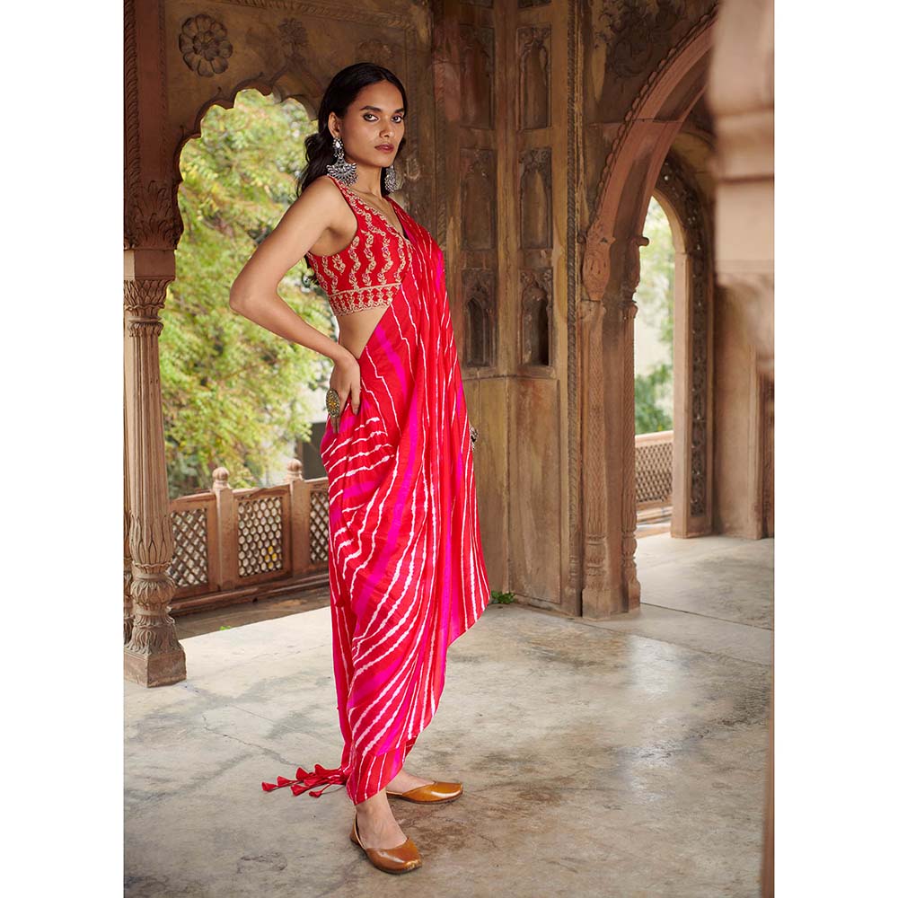 PINK CITY BY SARIKA Red Leheriya Drape Saree With Stitched Blouse And Belt
