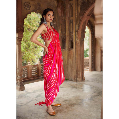 PINK CITY BY SARIKA Red Leheriya Drape Saree With Stitched Blouse And Belt