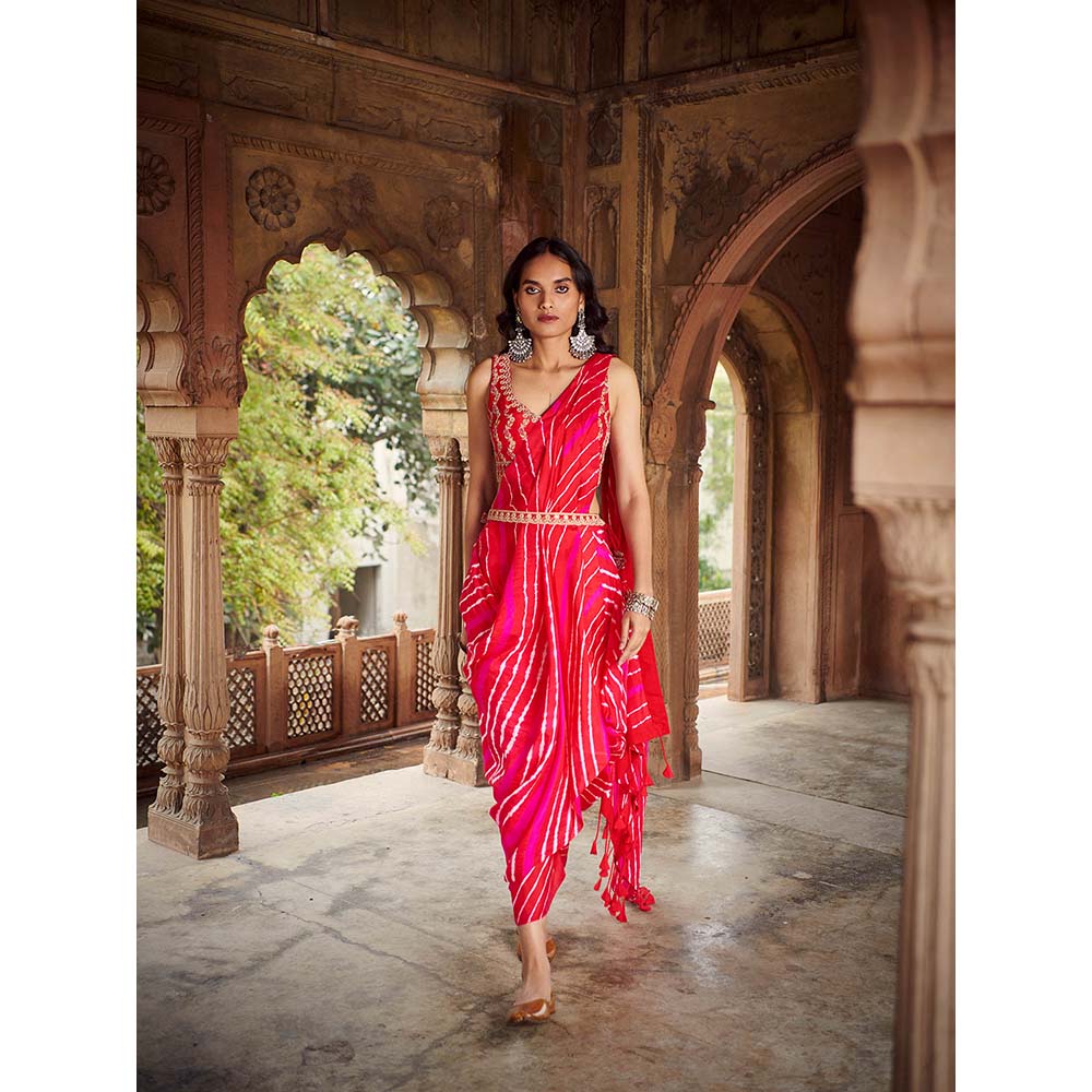 PINK CITY BY SARIKA Red Leheriya Drape Saree With Stitched Blouse And Belt
