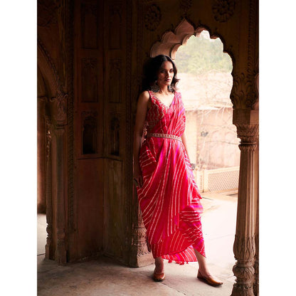 PINK CITY BY SARIKA Red Leheriya Drape Saree With Stitched Blouse And Belt