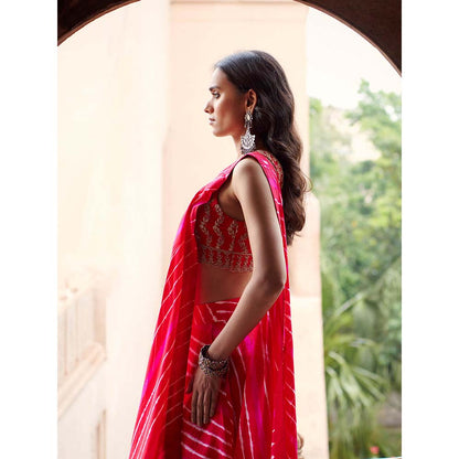 PINK CITY BY SARIKA Red Leheriya Drape Saree With Stitched Blouse And Belt