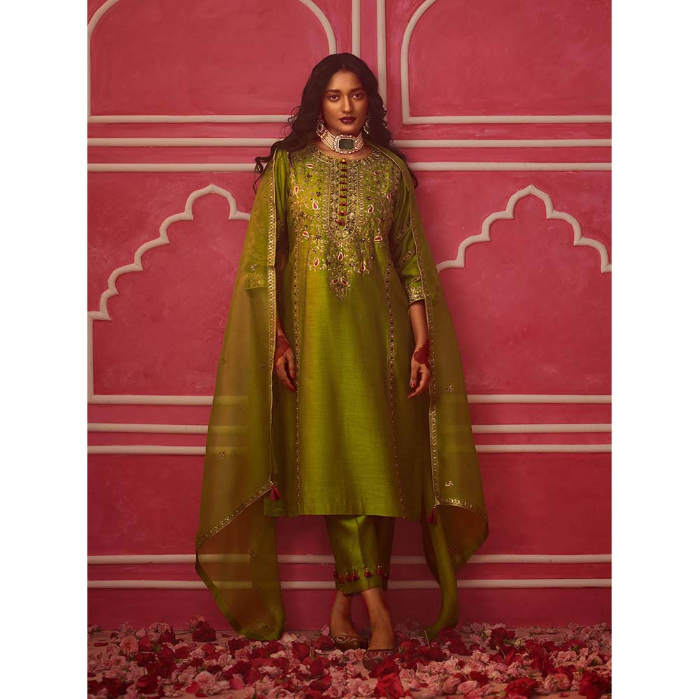 PINK CITY BY SARIKA Green Kurta With Pant And Dupatta (Set of 3)