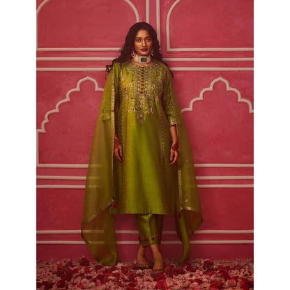 PINK CITY BY SARIKA Green Kurta With Pant And Dupatta (Set of 3)