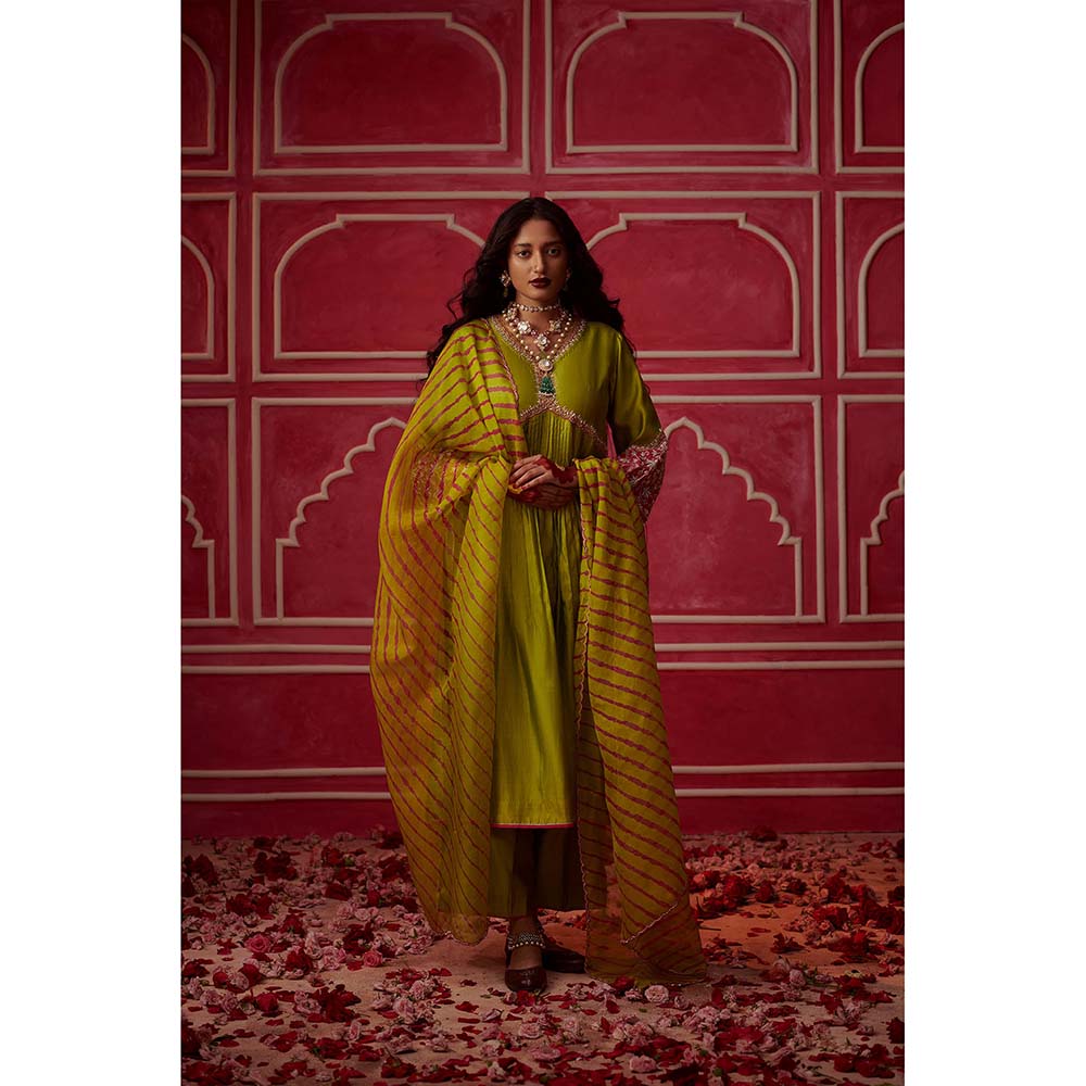 PINK CITY BY SARIKA Green Leheriya Kurta With Pant And Dupatta (Set of 3)