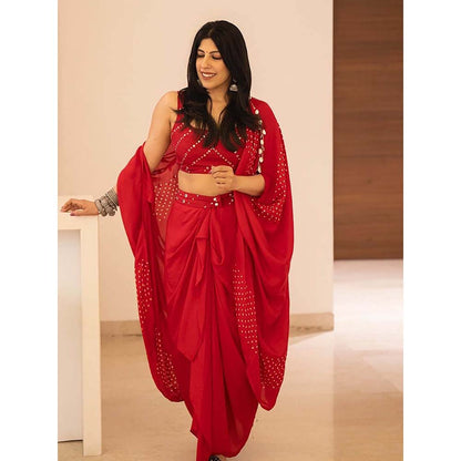 PINK CITY BY SARIKA Red Crop Top With Cape And Skirt (Set of 3)