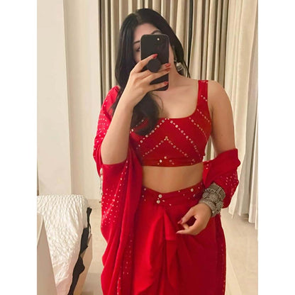 PINK CITY BY SARIKA Red Crop Top With Cape And Skirt (Set of 3)