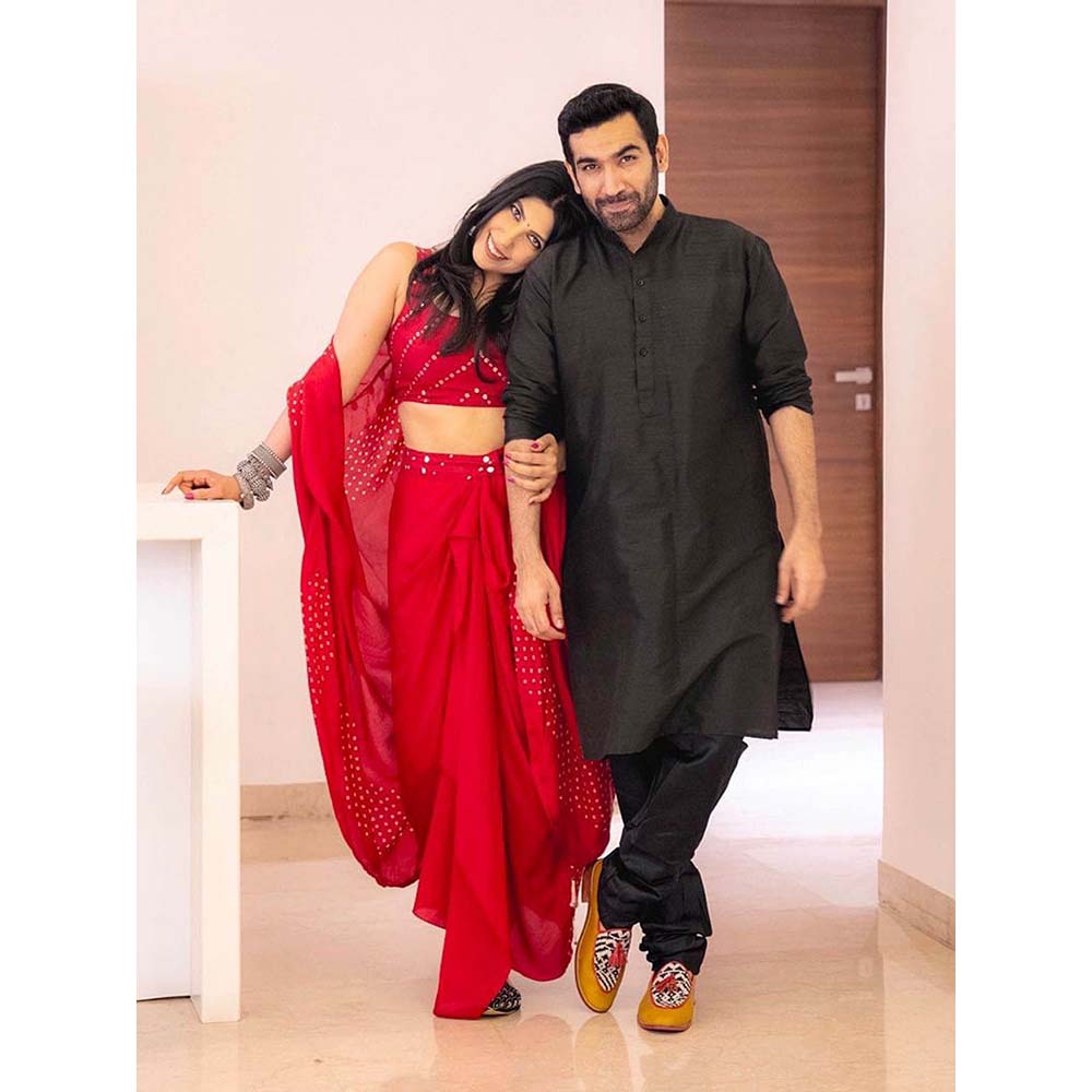 PINK CITY BY SARIKA Red Crop Top With Cape And Skirt (Set of 3)