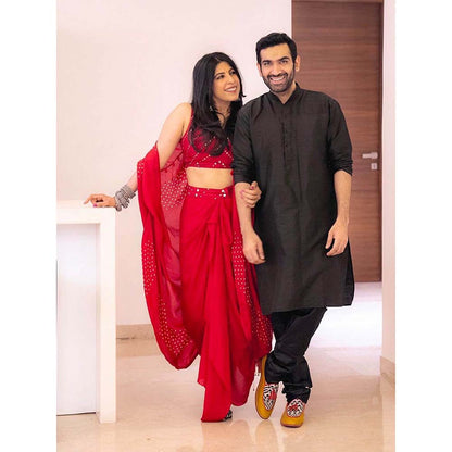 PINK CITY BY SARIKA Red Crop Top With Cape And Skirt (Set of 3)