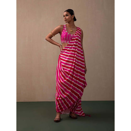 PINK CITY BY SARIKA Leheriya Drape Saree With Stitched Blouse