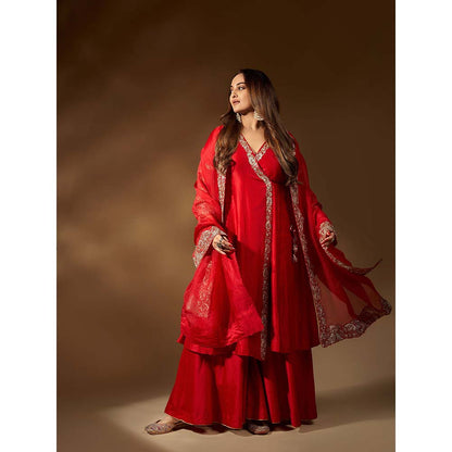 PINK CITY BY SARIKA Women's Kairi Angrakha Kurta with Sharara and Dupatta Potli (Set of 4)