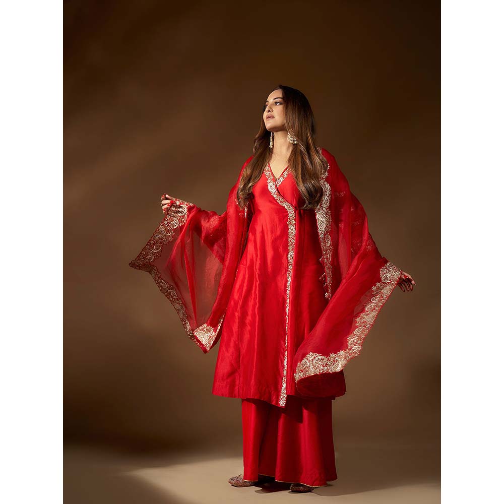 PINK CITY BY SARIKA Women's Kairi Angrakha Kurta with Sharara and Dupatta Potli (Set of 4)