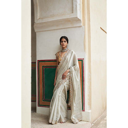 PINK CITY BY SARIKA Women's Chandi Jodha Saree with Stitched Blouse