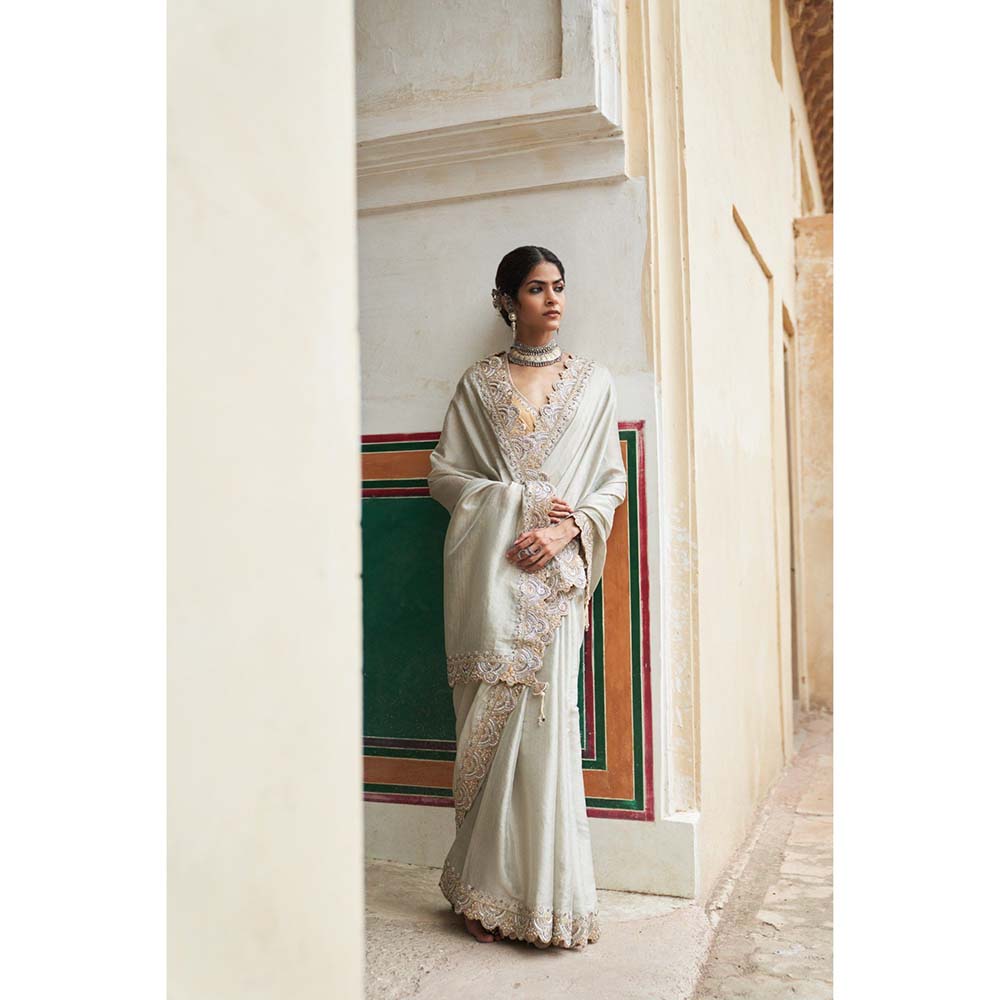 PINK CITY BY SARIKA Women's Chandi Jodha Saree with Stitched Blouse