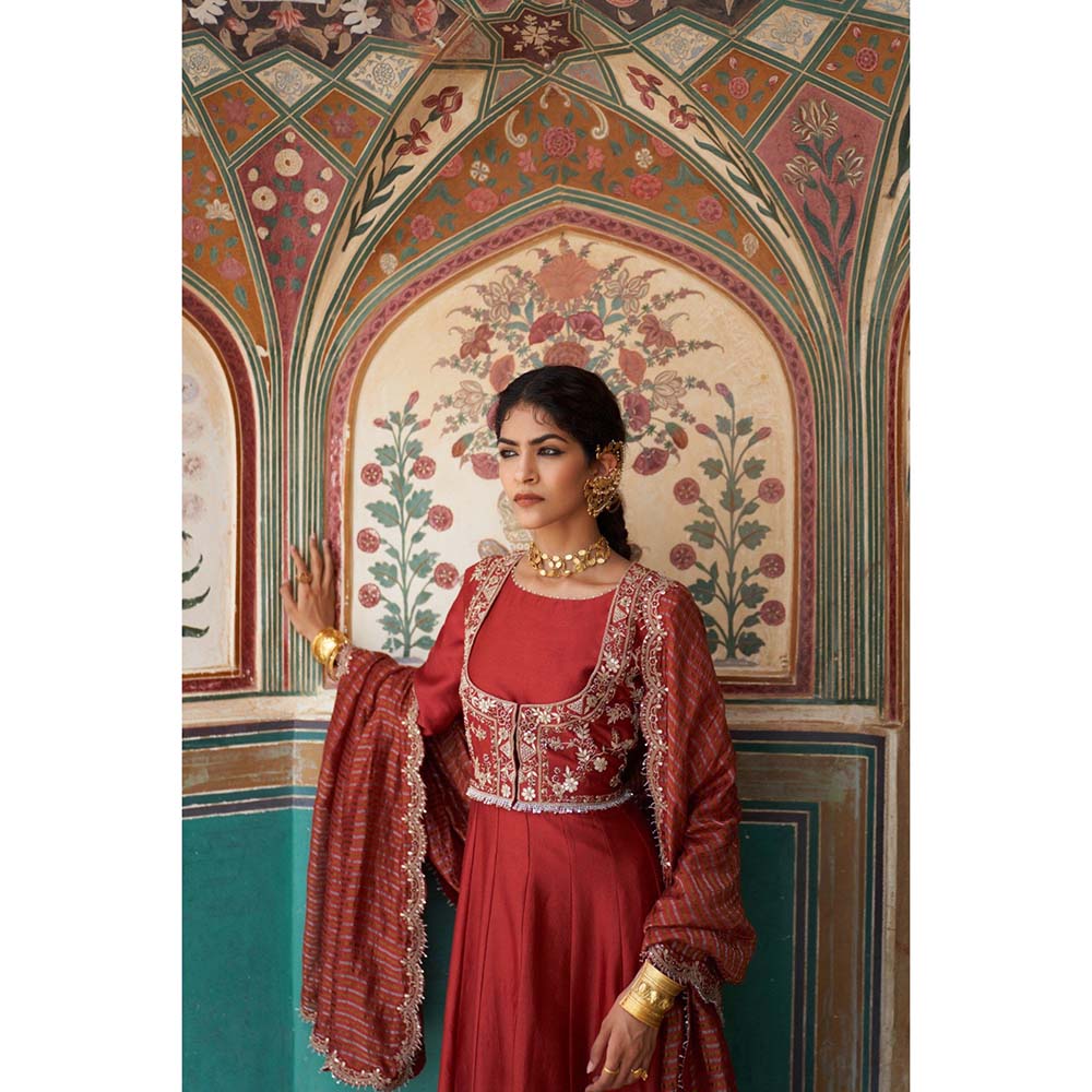 PINK CITY BY SARIKA Women's Jodha Jacket Anarkali Kurta with Jacket and Dupatta (Set of 3)