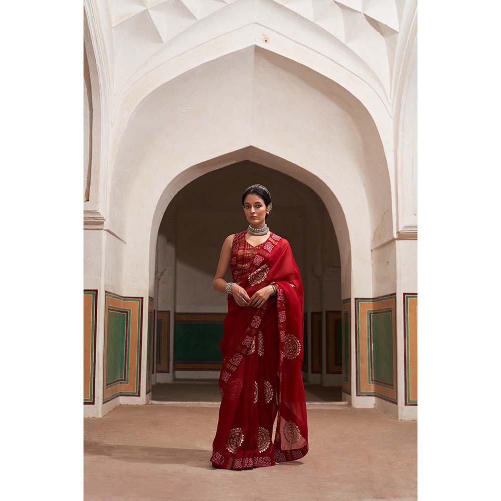 PINK CITY BY SARIKA Women's Mandala Saree with Stitched Blouse