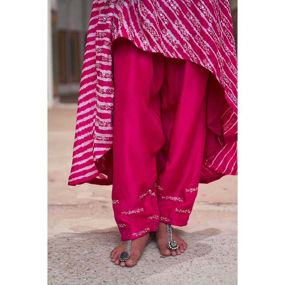 PINK CITY BY SARIKA Women's Leheriya High Low Embellished Kurta and Salwar (Set of 2)